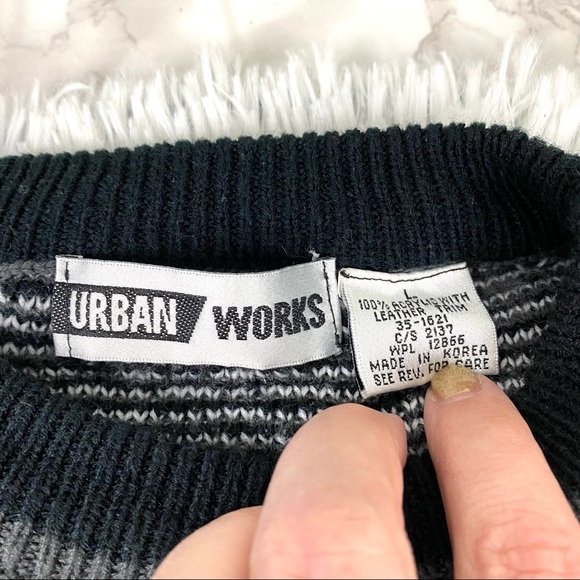 Vintage Urban Works 80s 90s Leather Trimmed Harlequin Knit Sweater EUC - Picture 13 of 13